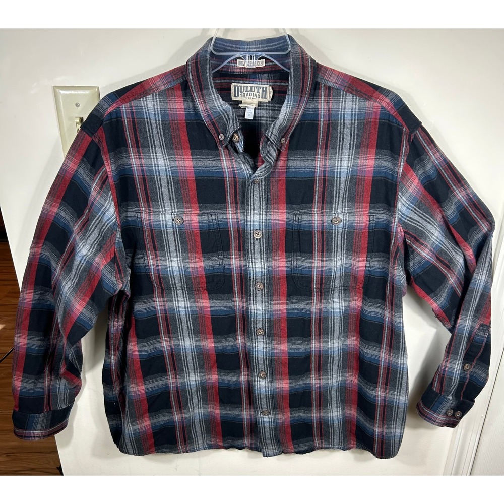 Duluth Trading Co Flannel Shirt Mens XL Red Plaid Relaxed Untucked Lumberjack